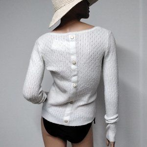 Zuhan Women Knit Sweater Size M white back Buttons Barcelona Spain V-Neck 012